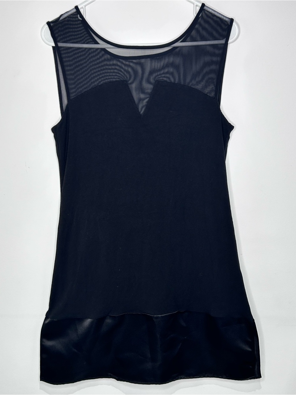 Bailey 44 XL Black Mesh Illusion Sleeveless Tunic Top Satin Hem Made in USA